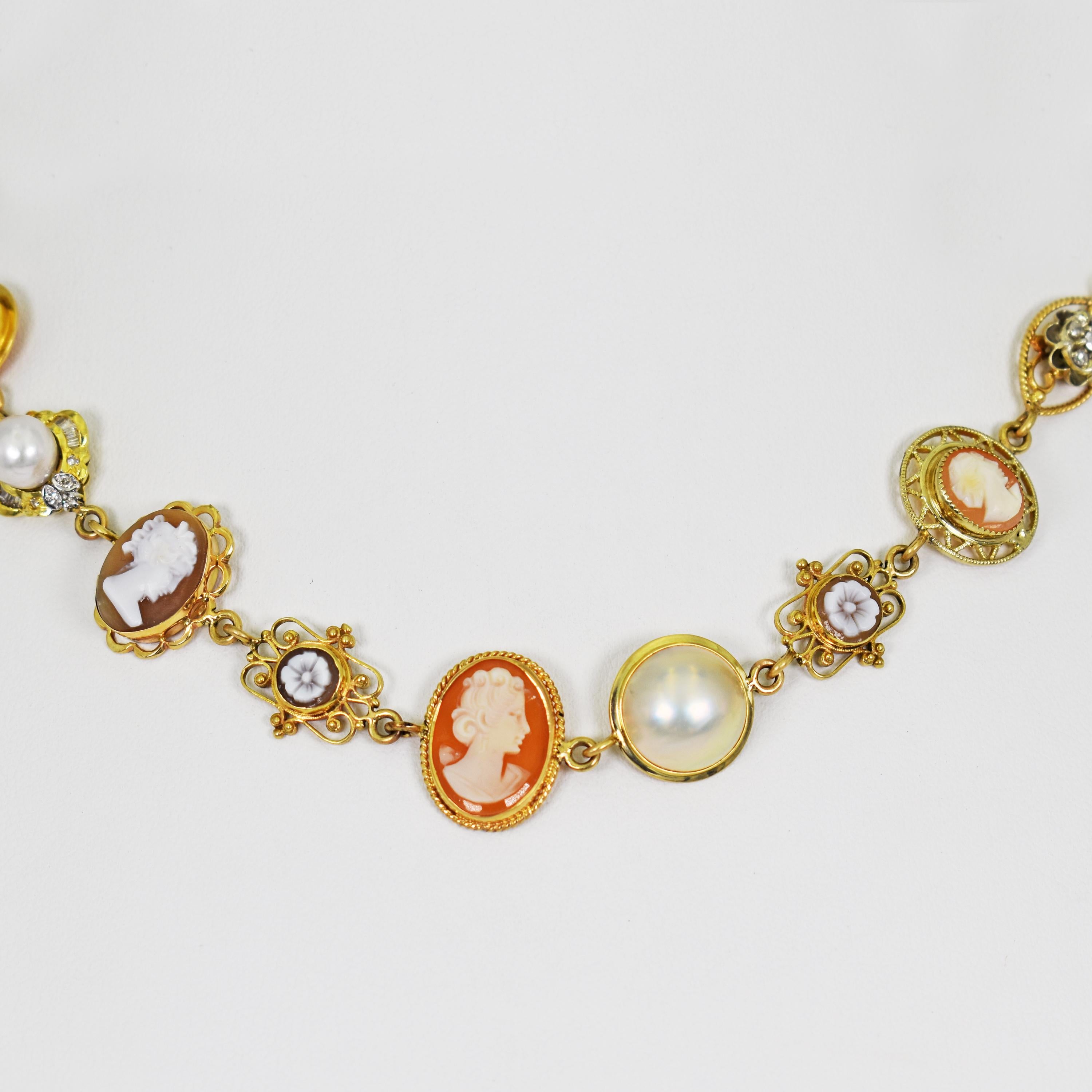 Bohemian-Halskette aus 14 Karat Gold mit Kamee, Perle und Diamant (Cabochon) im Angebot