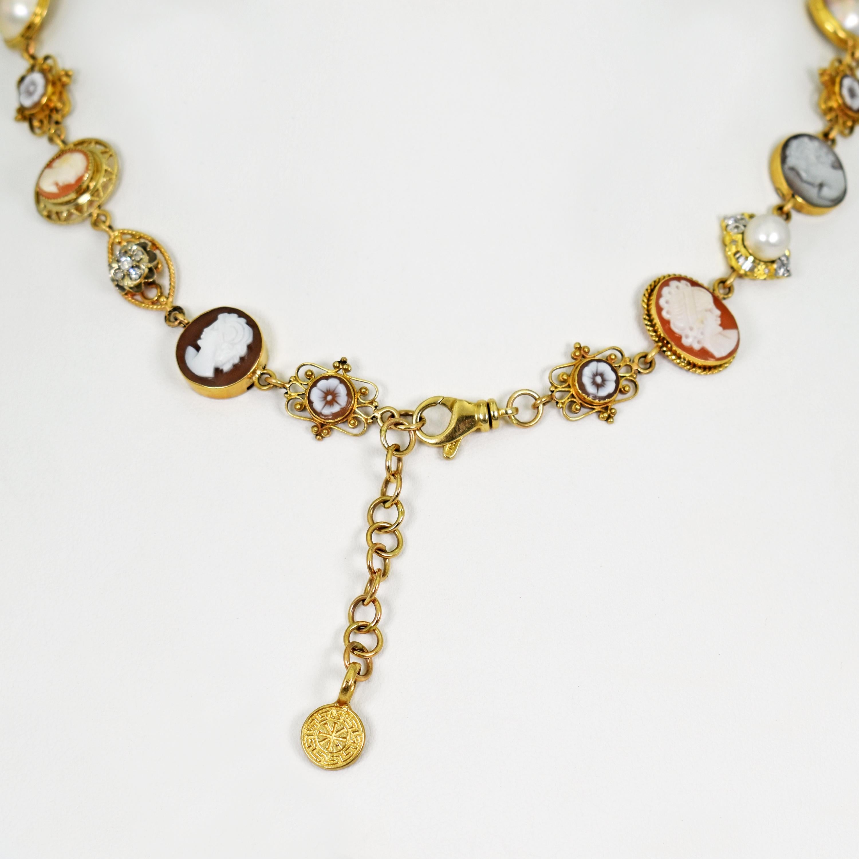 Bohemian-Halskette aus 14 Karat Gold mit Kamee, Perle und Diamant im Zustand „Neu“ im Angebot in Naples, FL