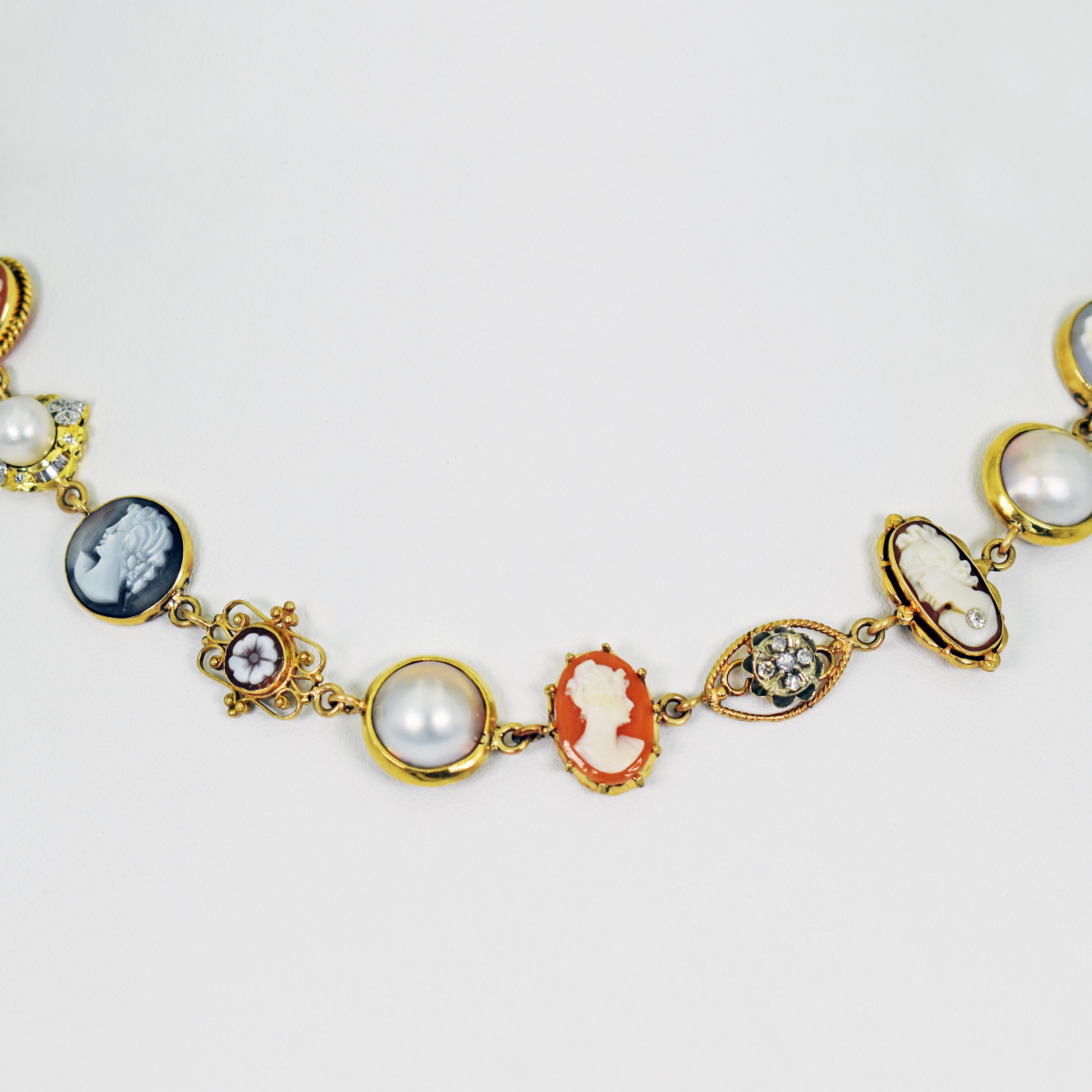 Bohemian-Halskette aus 14 Karat Gold mit Kamee, Perle und Diamant Damen im Angebot