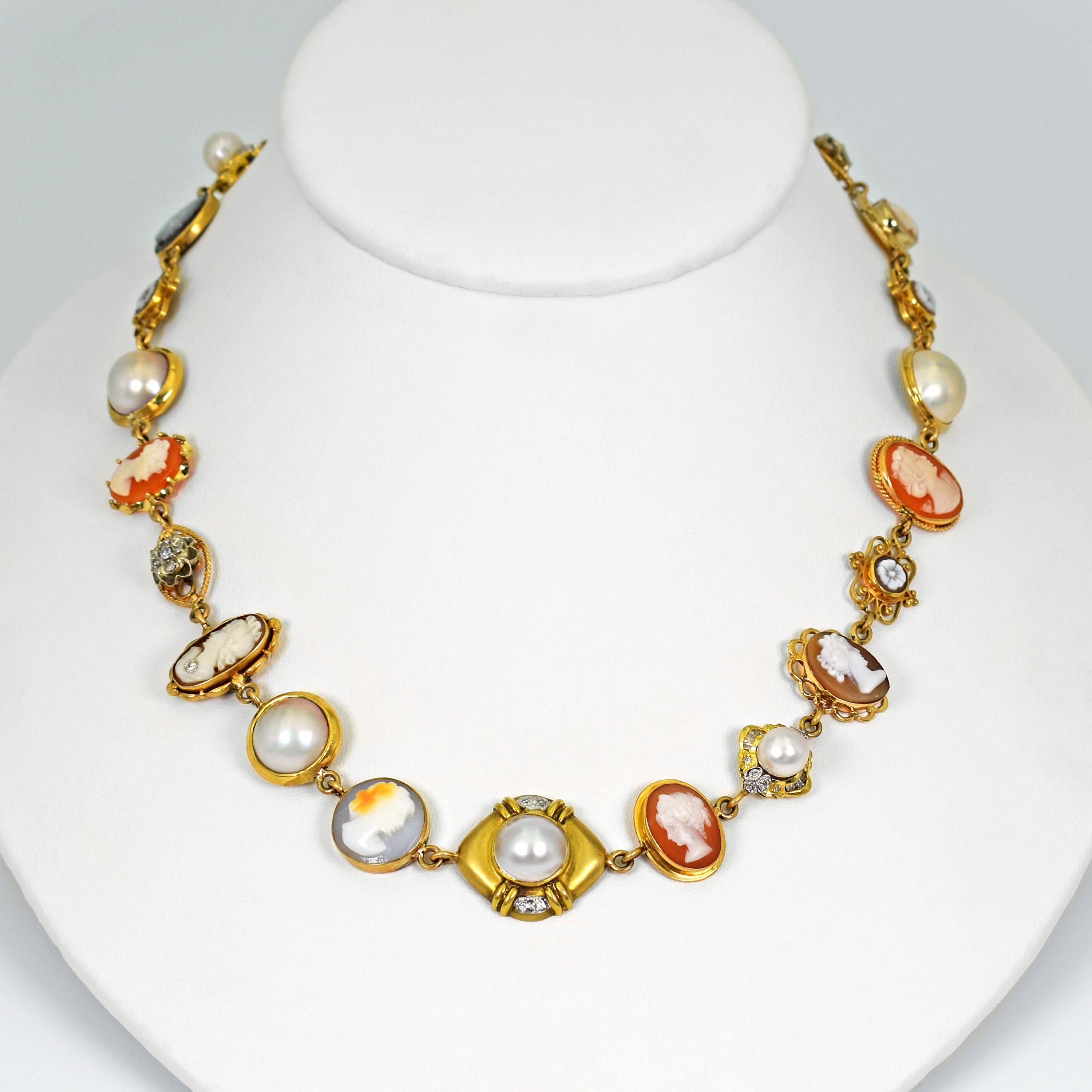 Cameo, Pearl and Diamond 14 Karat Gold Bohemian Necklace In New Condition For Sale In Naples, FL