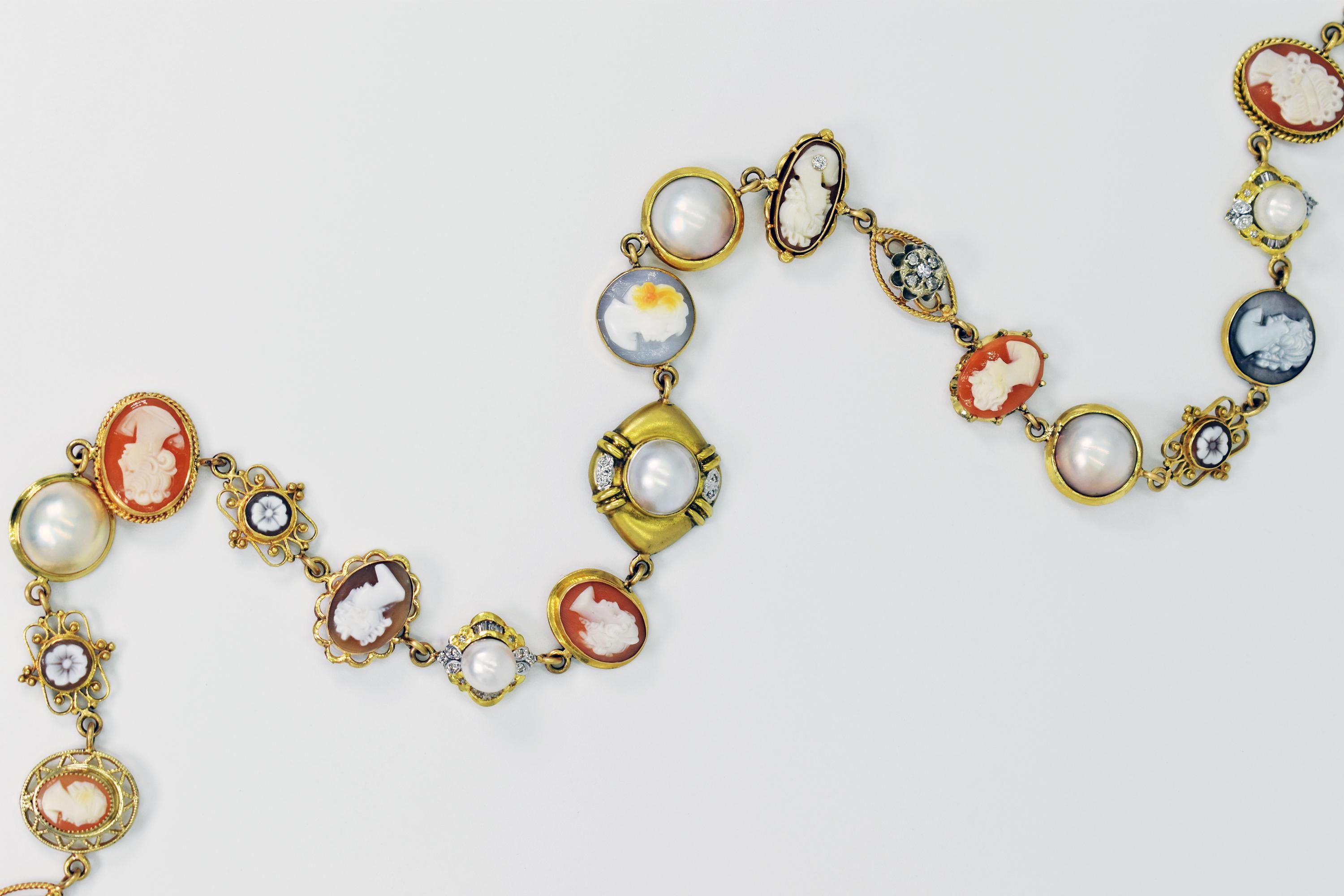 Collier de bohème en or 14 carats avec camée, perles et diamants en vente 2