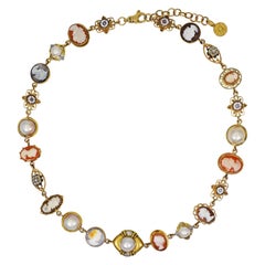 Cameo, Pearl and Diamond 14 Karat Gold Bohemian Necklace