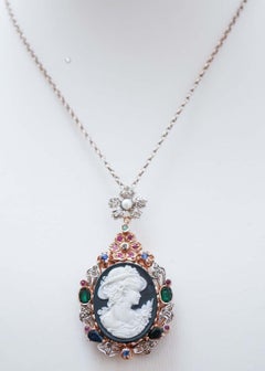 Cameo, Pearl, Rubies, Sapphires, Emeralds, Diamonds, Rose Gold Silver Pendant