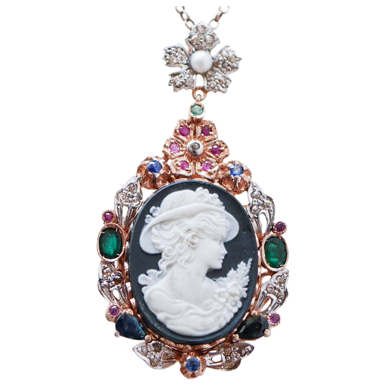 Cameo, Pearl, Rubies, Sapphires, Emeralds, Diamonds, Rose Gold Silver Pendant