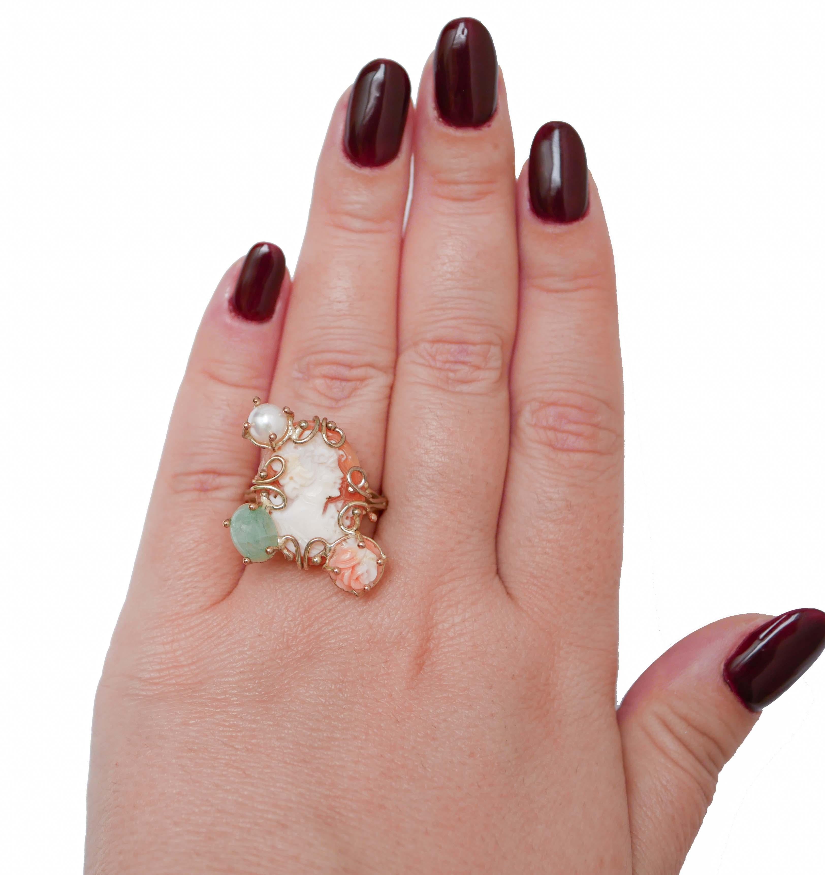 Mixed Cut Cameo, Pearl, Stones, Rose Gold Ring For Sale