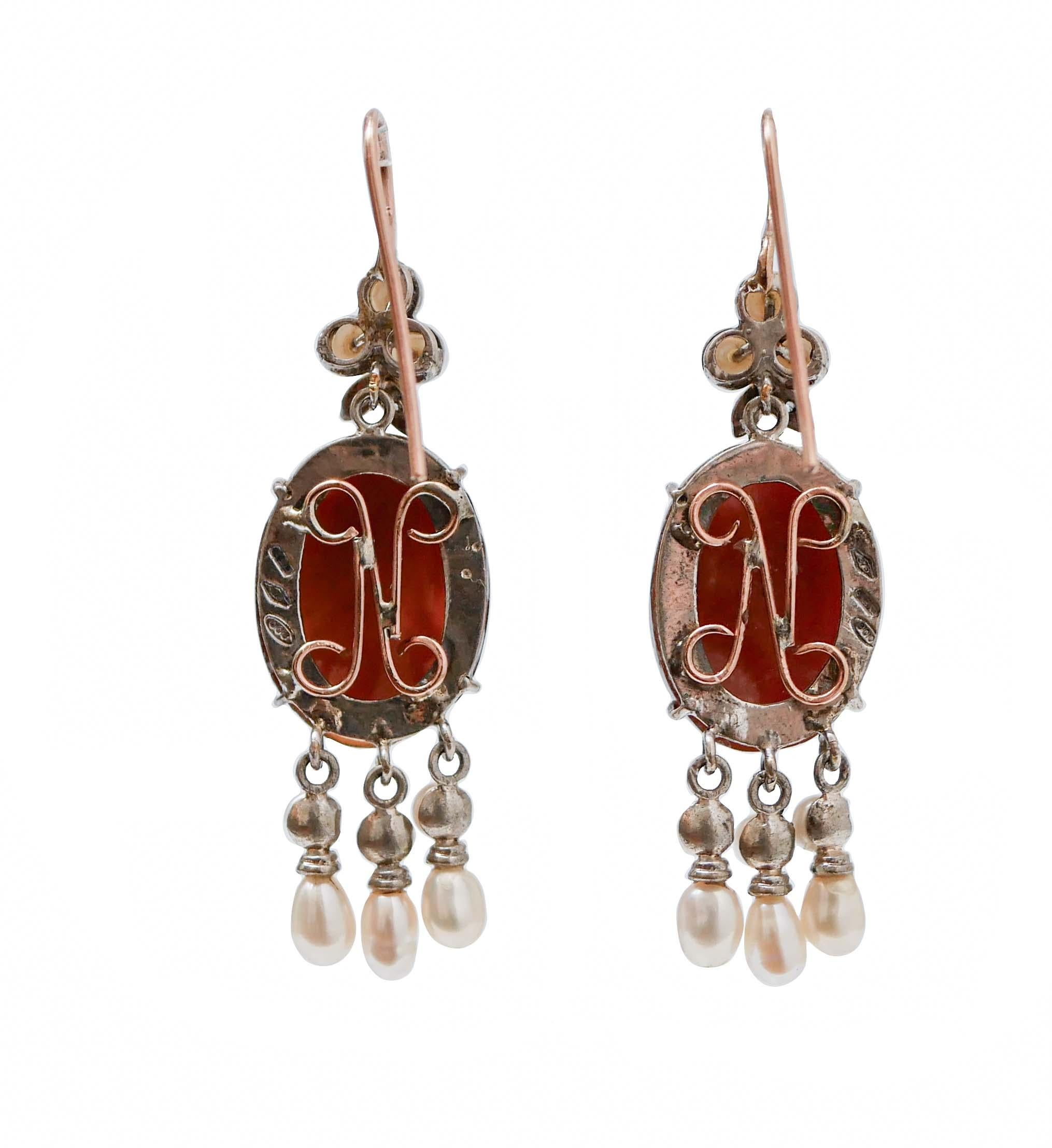 Retro Cameo, Pearls, Diamonds, Rose Gold and Silver Retrò Earrings. For Sale