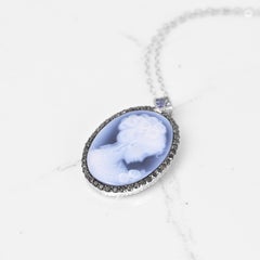 Cameo Pendant With Black Diamond Halo And Blue Sapphire Accent