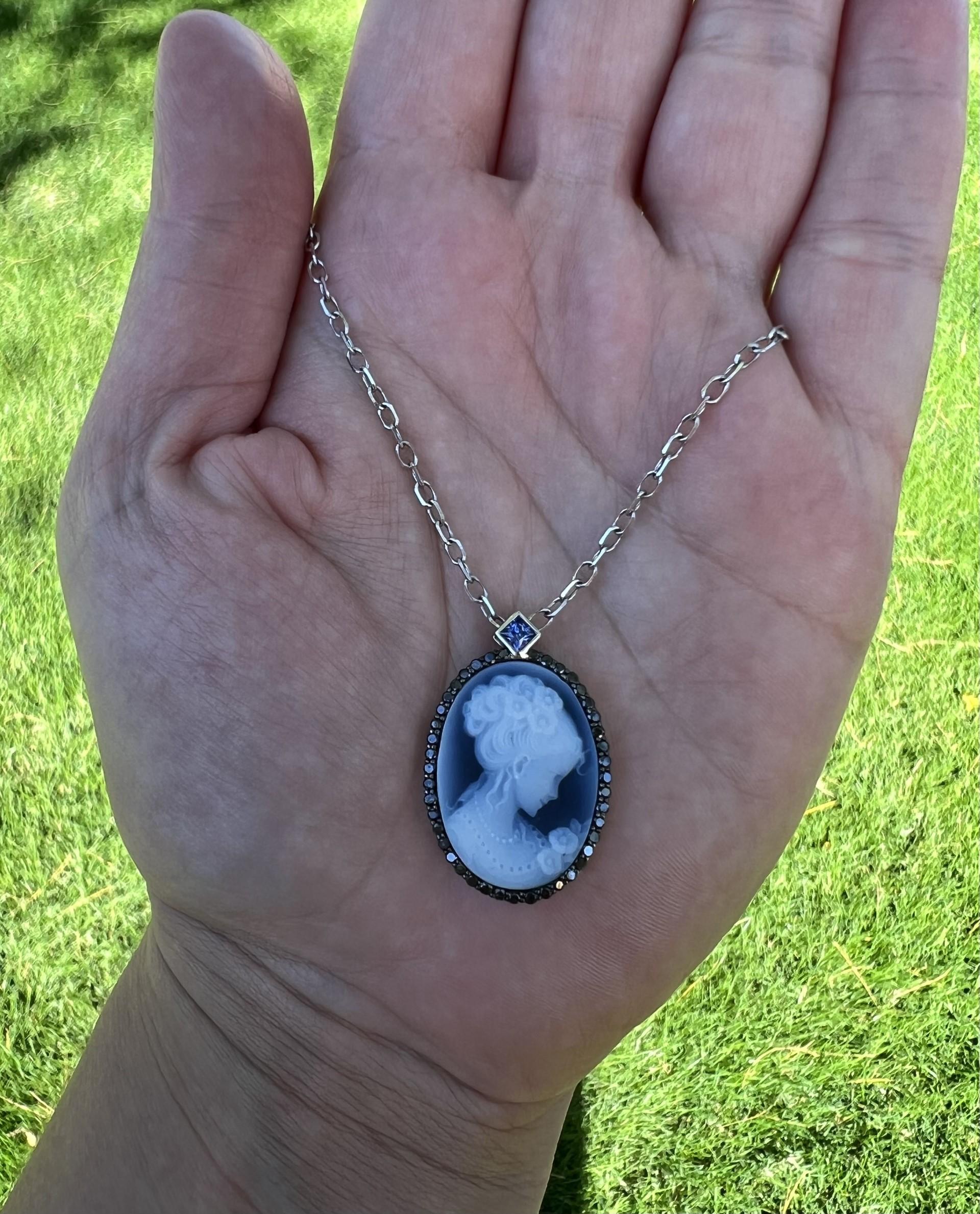 Cameo Pendant With Black Diamond Halo And Blue Sapphire Accent In New Condition For Sale In Phoenix, AZ