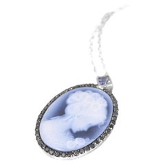 Cameo Pendant With Black Diamond Halo And Blue Sapphire Accent