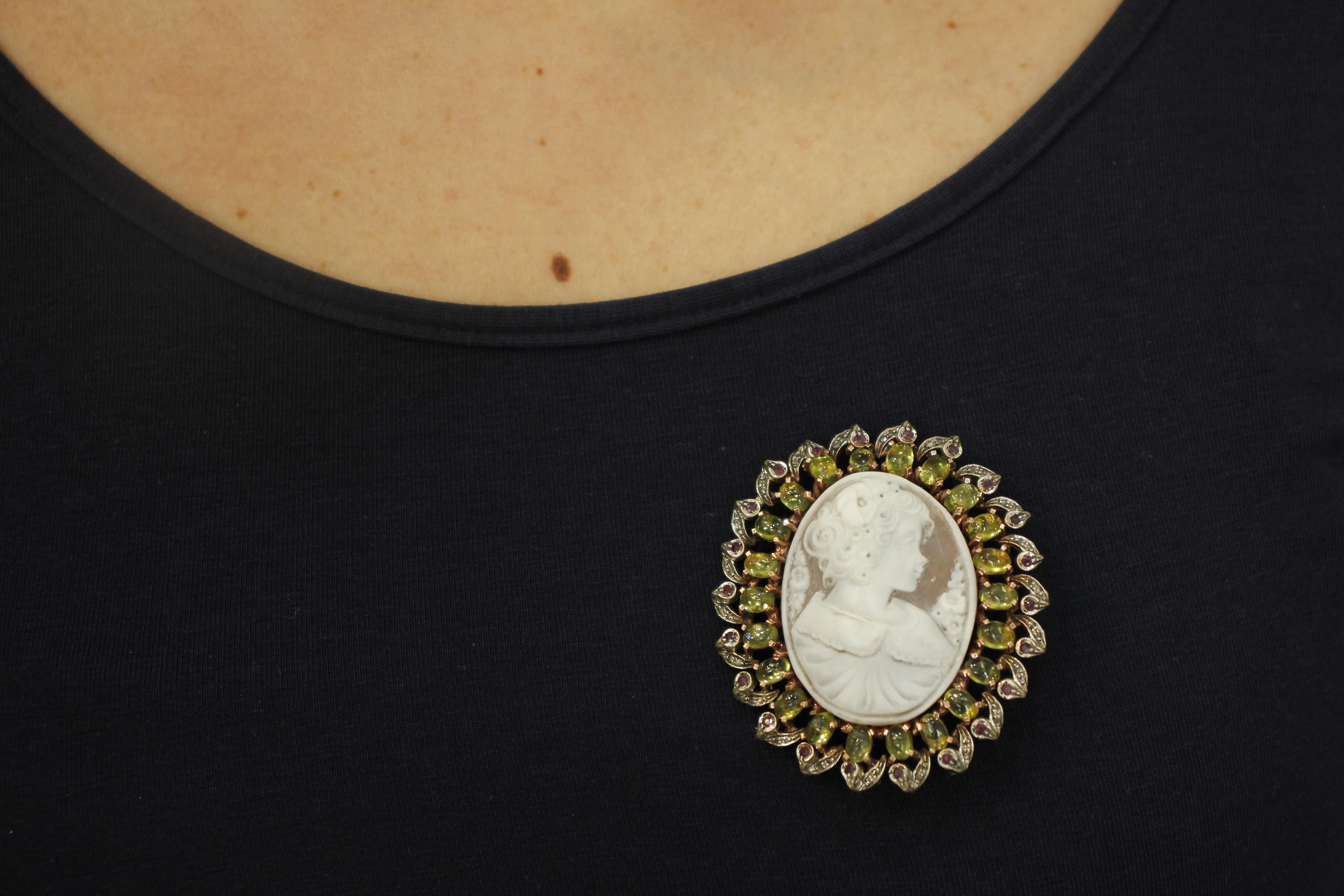 Cameo, Peridot, Diamonds, Rubies, 9 Karat Rose Gold and Silver Pendant/Brooch For Sale 4