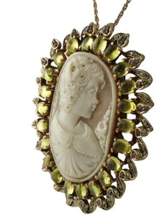 Cameo, Peridot, Diamonds, Rubies, 9 Karat Rose Gold and Silver Pendant/Brooch