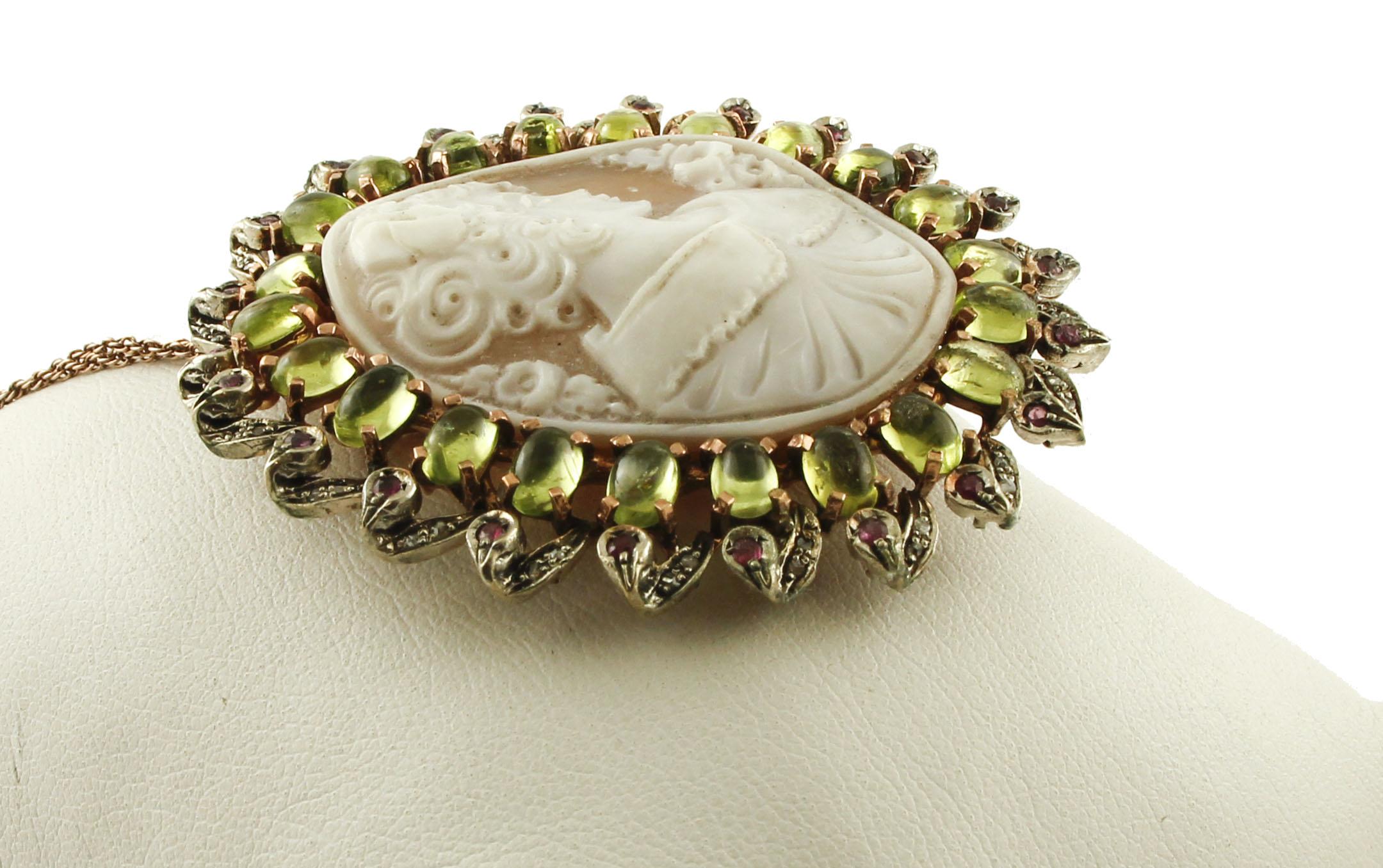 Round Cut Cameo, Peridot, Diamonds, Rubies, 9 Karat Rose Gold and Silver Pendant/Brooch For Sale
