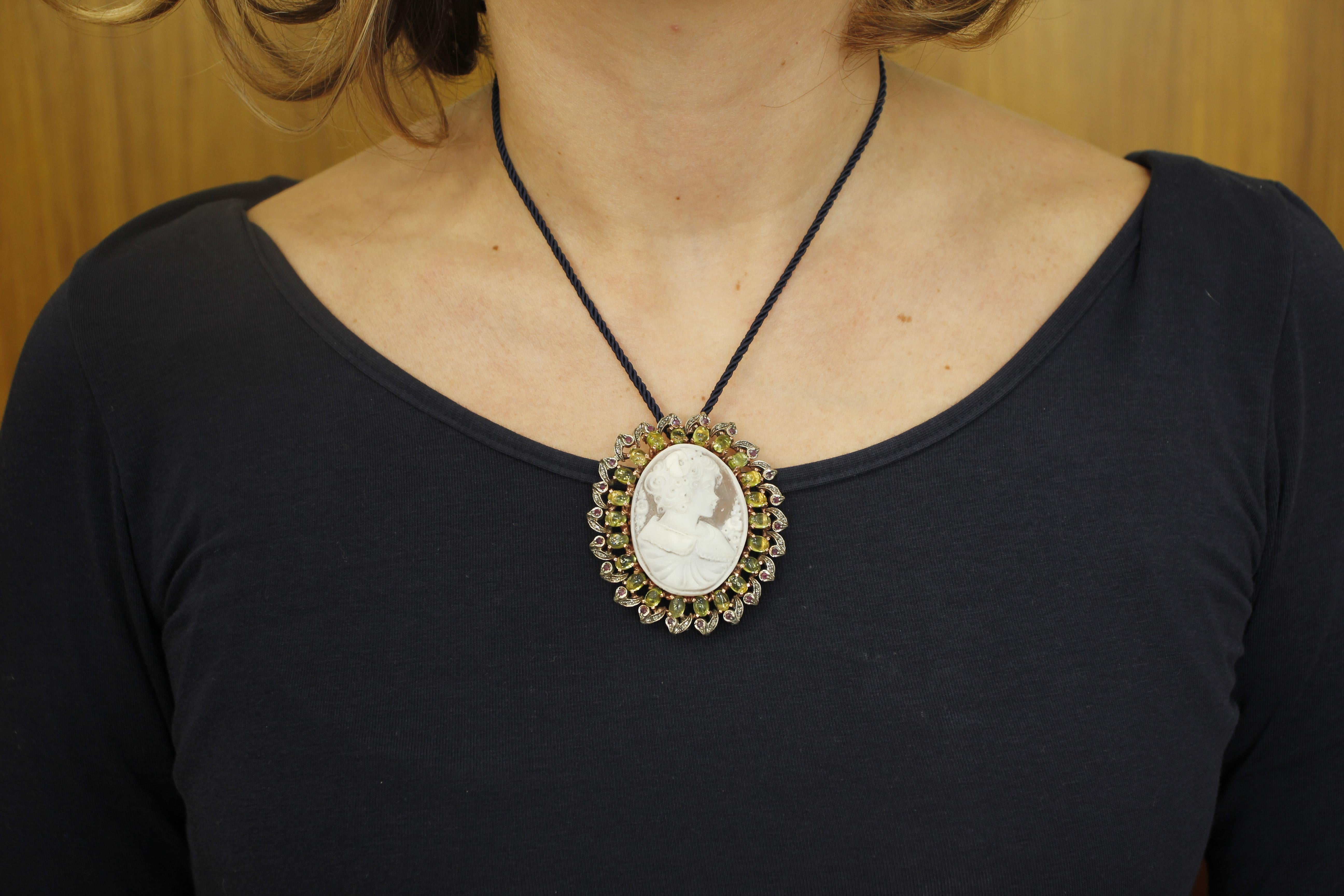 Women's Cameo, Peridot, Diamonds, Rubies, 9 Karat Rose Gold and Silver Pendant/Brooch For Sale