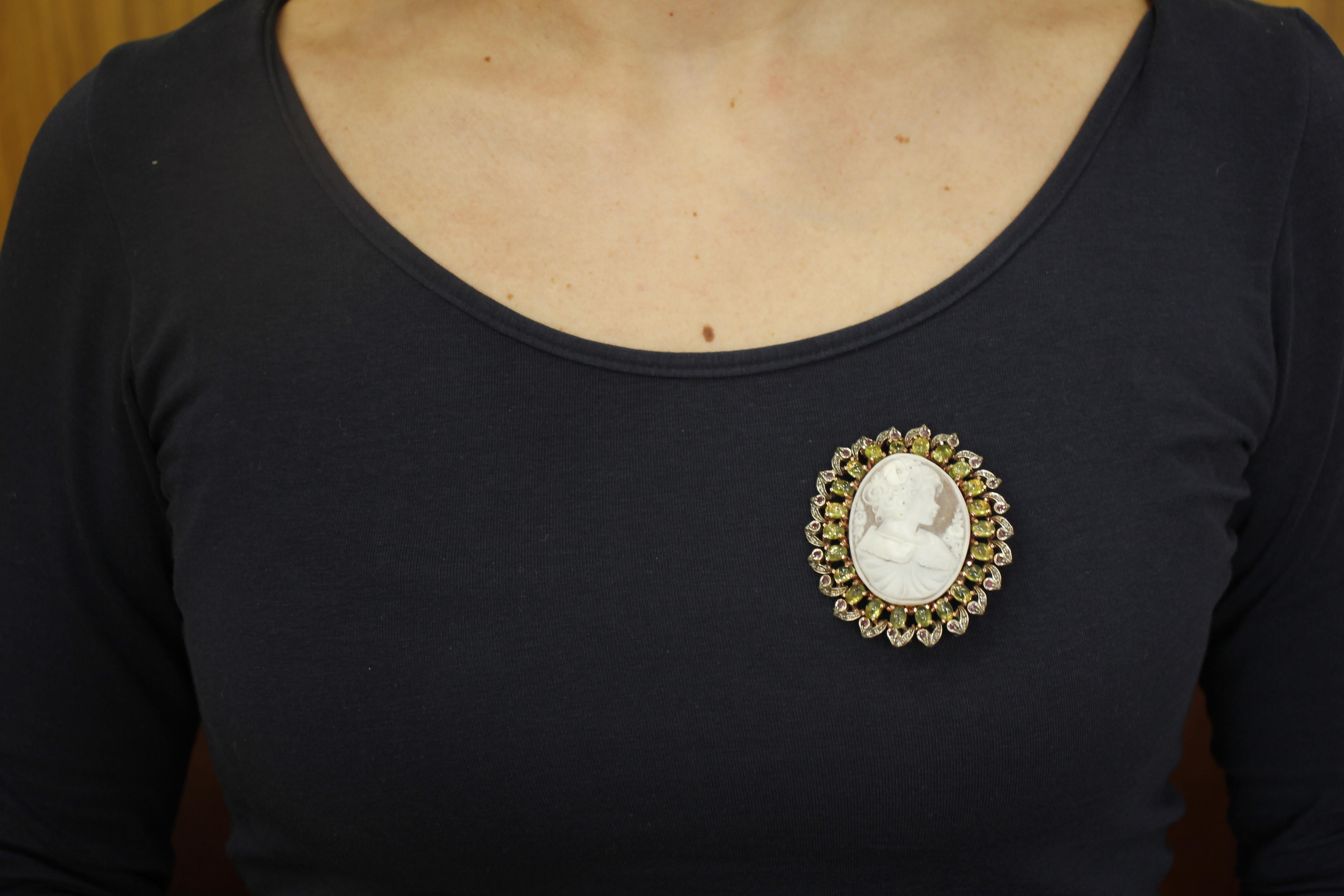 Cameo, Peridot, Diamonds, Rubies, 9 Karat Rose Gold and Silver Pendant/Brooch For Sale 2