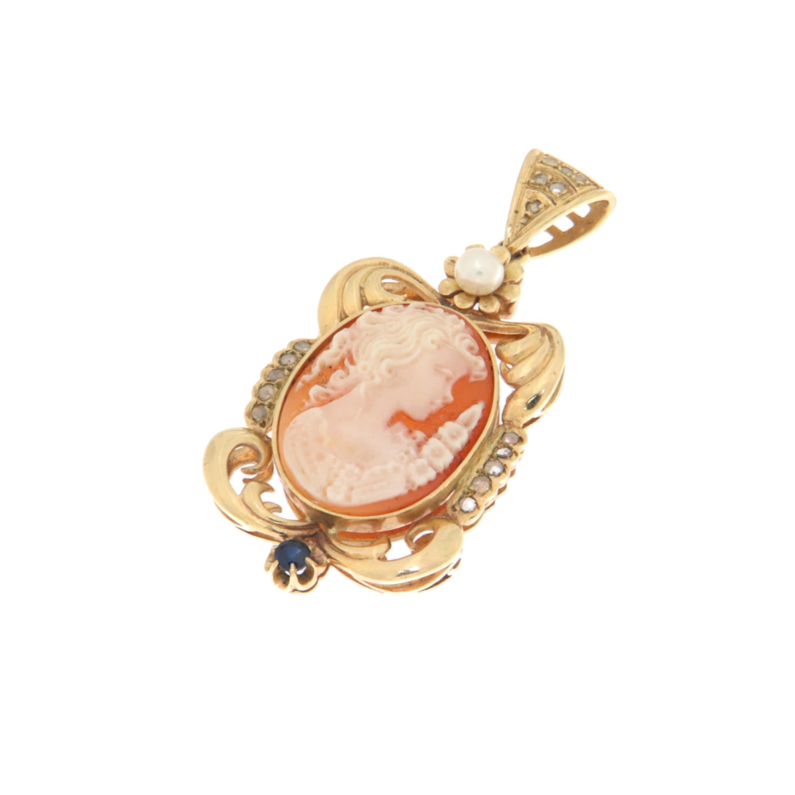 Artisan Cameo Sapphire Diamonds Pearl 12 Karat Yellow Gold Pendant Necklace For Sale