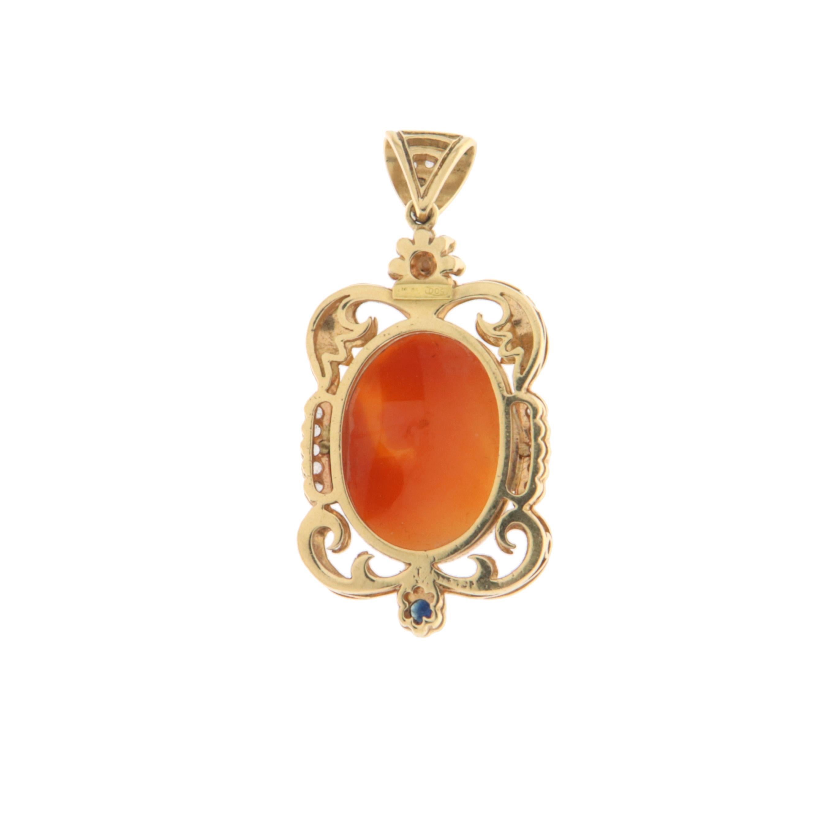 Old European Cut Cameo Sapphire Diamonds Pearl 12 Karat Yellow Gold Pendant Necklace For Sale