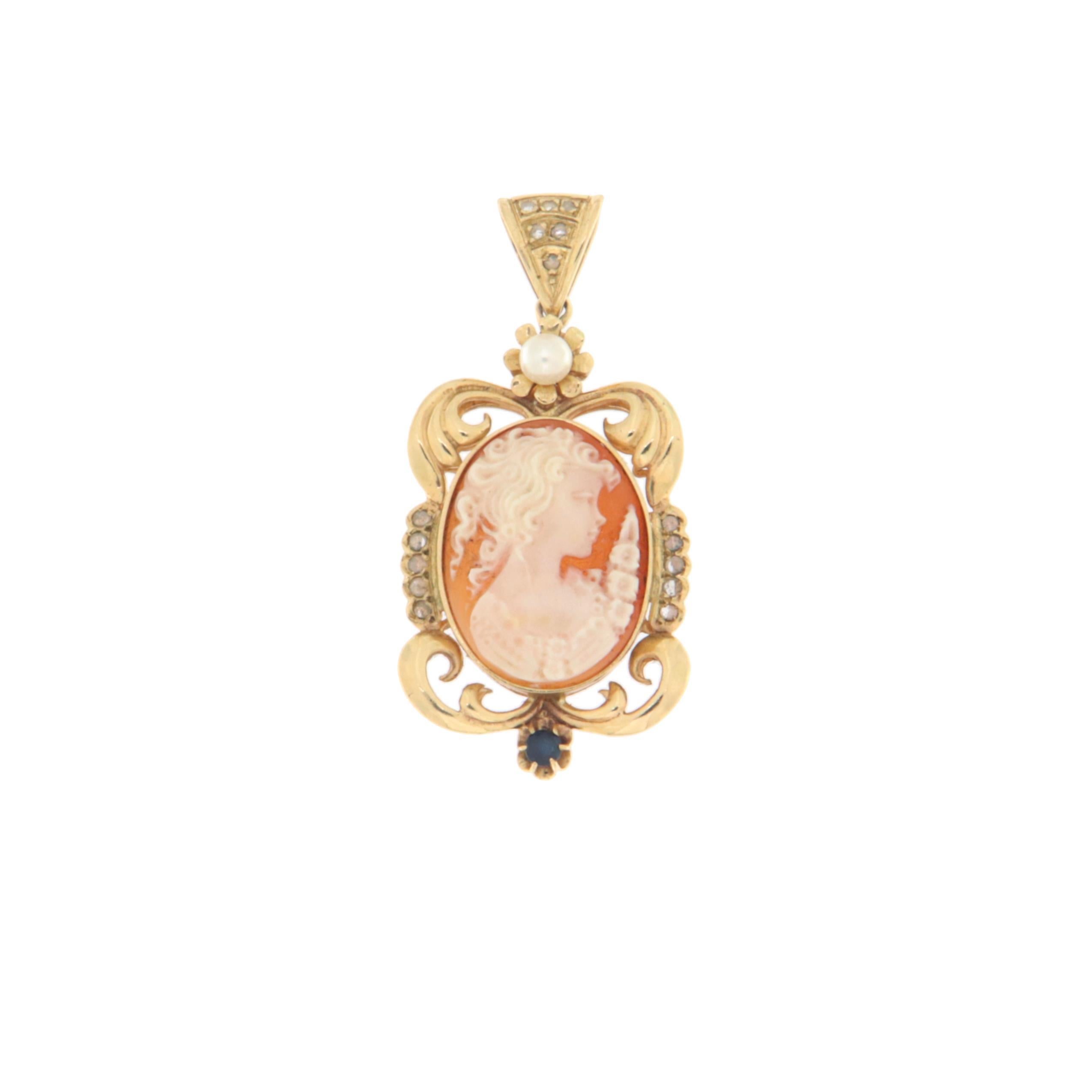 Women's Cameo Sapphire Diamonds Pearl 12 Karat Yellow Gold Pendant Necklace For Sale