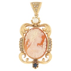 Cameo Sapphire Diamonds Pearl 12 Karat Yellow Gold Pendant Necklace