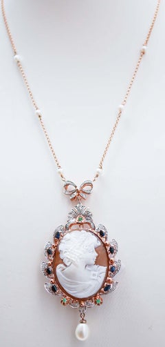Cameo, Sapphires, Emeralds, Diamonds, Pearls, Rose Gold and Silver Necklace.