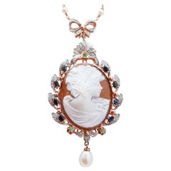 Cameo, Sapphires, Emeralds, Diamonds, Pearls, Rose Gold and Silver Necklace.