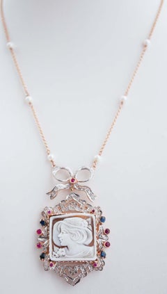 Cameo, Sapphires, Rubies, Diamonds, Pearls, Rose Gold and Silver Necklace.
