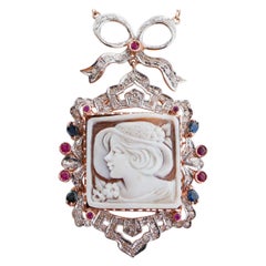 Cameo, Sapphires, Rubies, Diamonds, Pearls, Rose Gold and Silver Necklace.