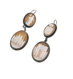 Antique 1930s Silver Drop Earrings with Cameos, Artisan Design, Italy