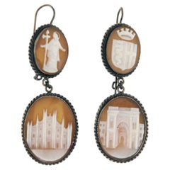 Antique 1930s Silver Drop Earrings with Cameos, Artisan Design, Italy