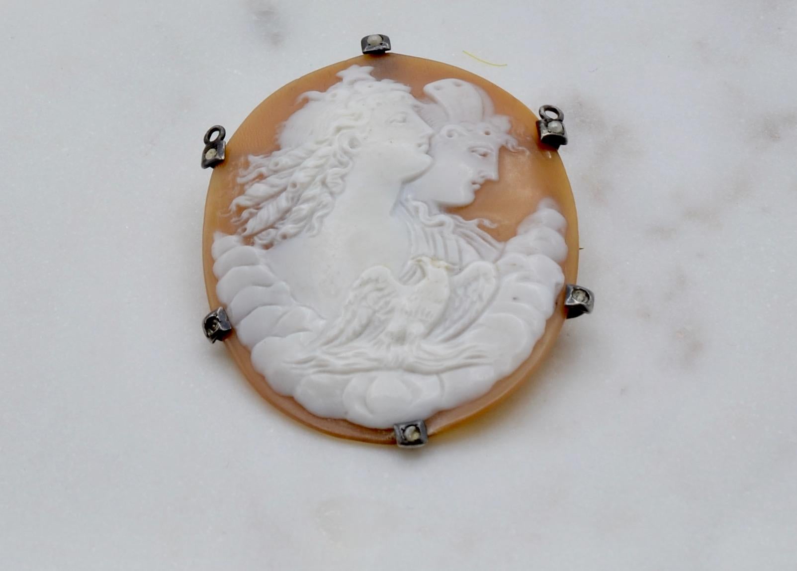 Victorian Mythological Cameo Silver Pin Pendant For Sale 1