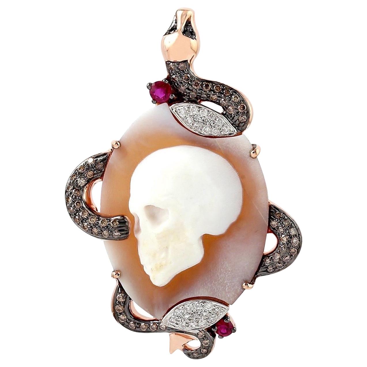 Cameo Skull Snake Diamond 18 Karat Gold Pendant Necklace