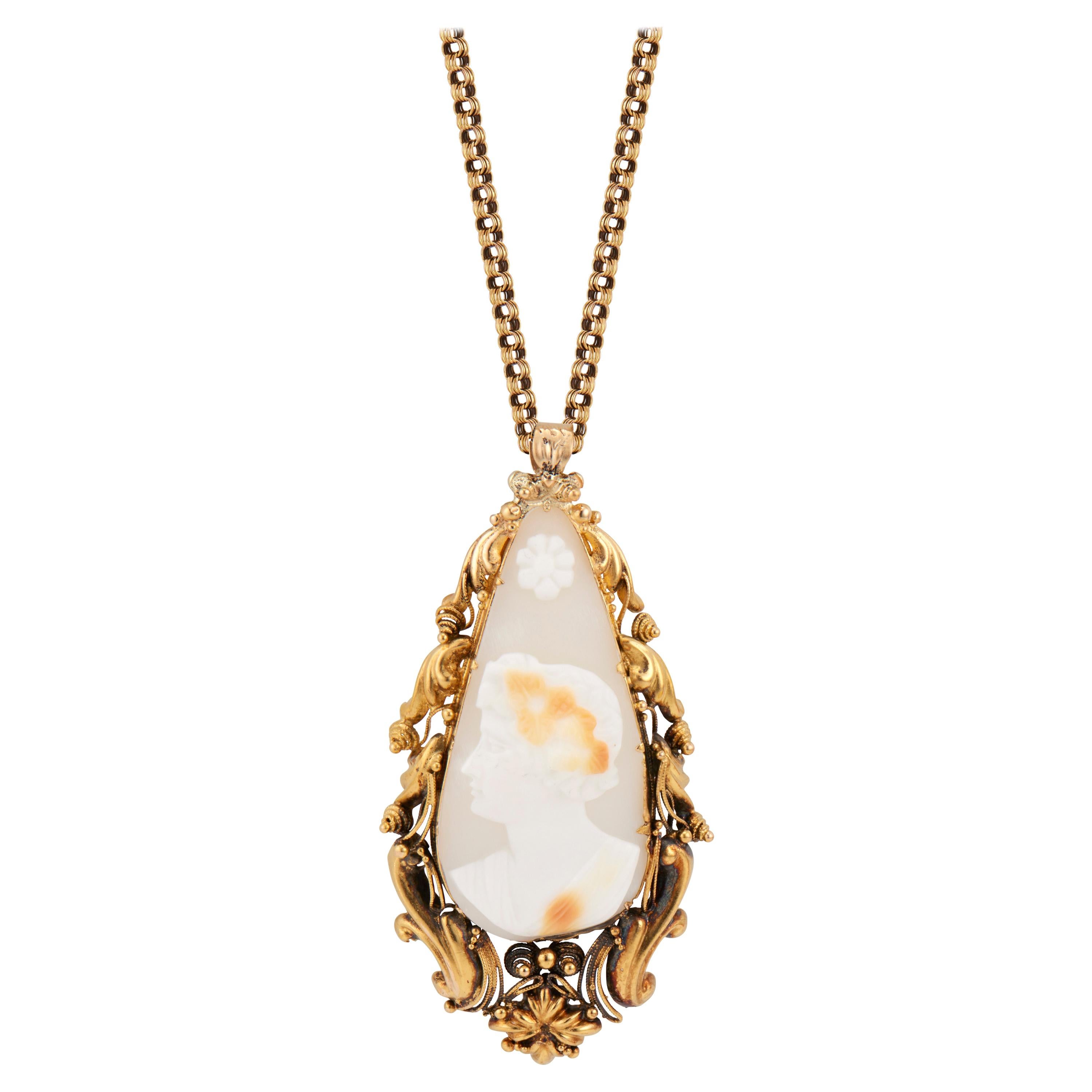 Cameo Tear Drop Shape Yellow Gold Pendant Necklace For Sale