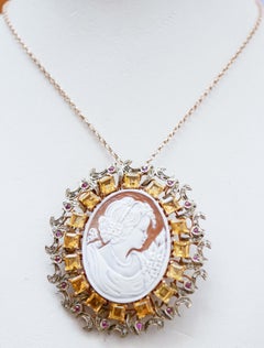 Cameo, Topazs, Rubies, Diamonds, Rose Gold and Silver Brooch/Pendant.
