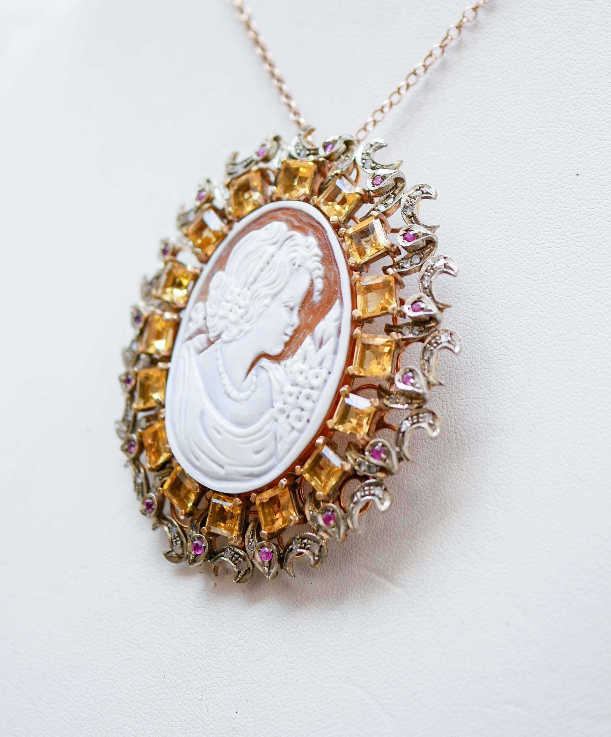 Retro Cameo, Topazs, Rubies, Diamonds, Rose Gold and Silver Brooch/Pendant. For Sale