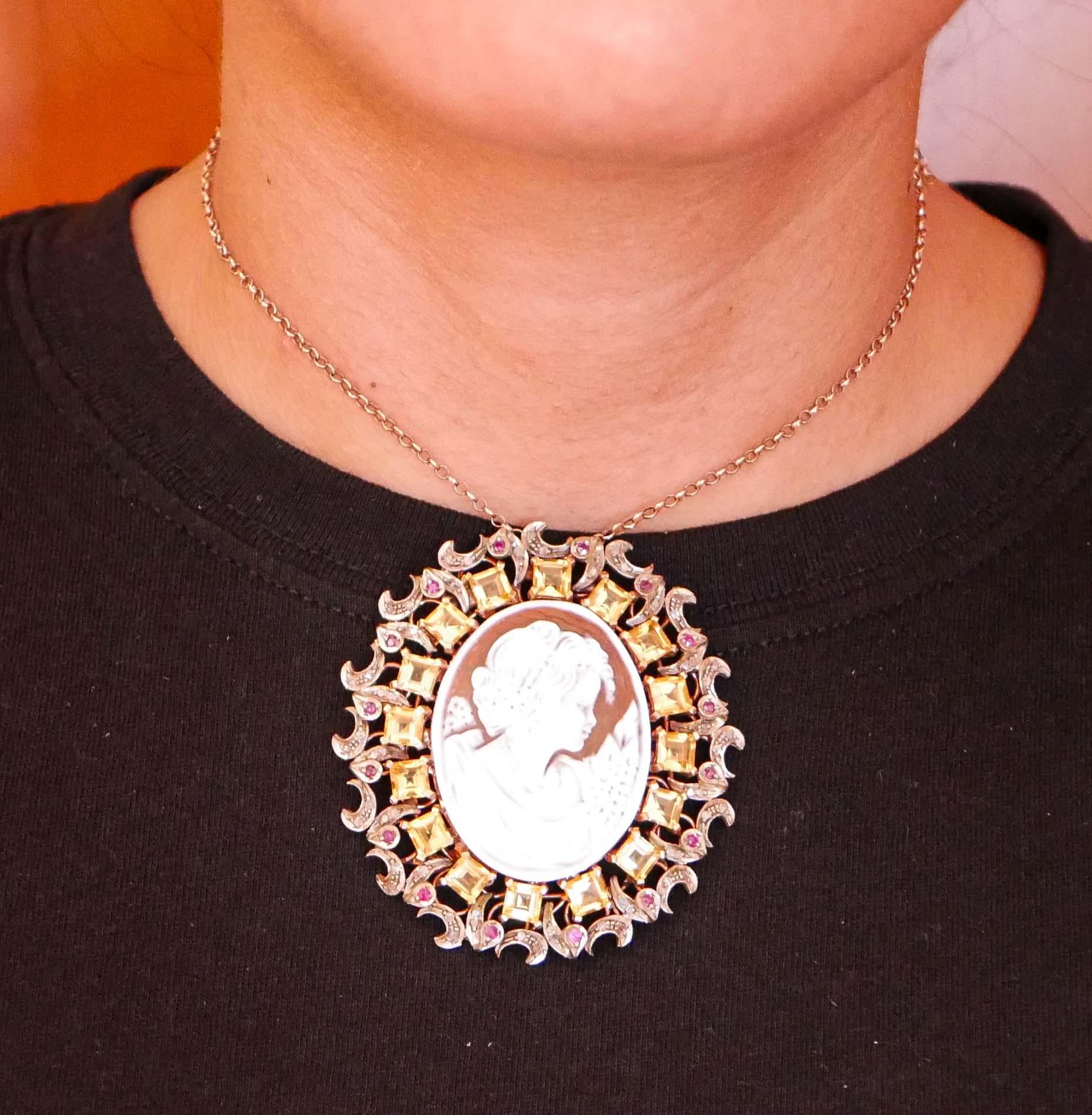 Women's Cameo, Topazs, Rubies, Diamonds, Rose Gold and Silver Brooch/Pendant. For Sale