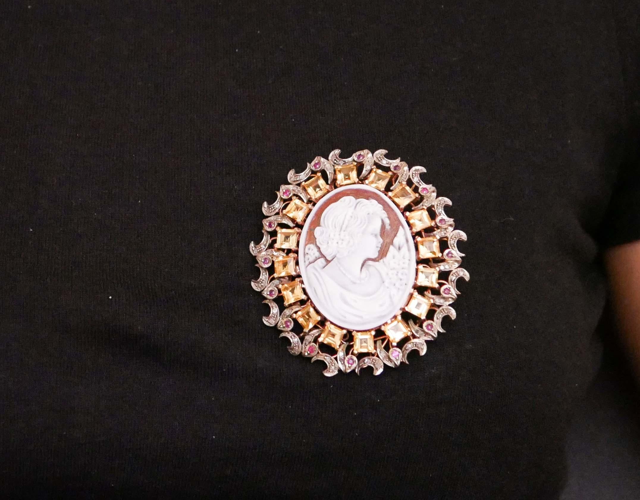 Cameo, Topazs, Rubies, Diamonds, Rose Gold and Silver Brooch/Pendant. For Sale 1