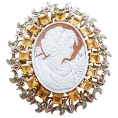 Cameo, Topazs, Rubies, Diamonds, Rose Gold and Silver Brooch/Pendant.
