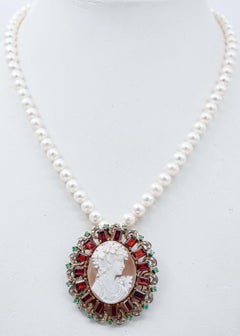 Cameo, Garnets, Emeralds, Diamonds, Pearls,  Gold and Silver Pendant Necklace