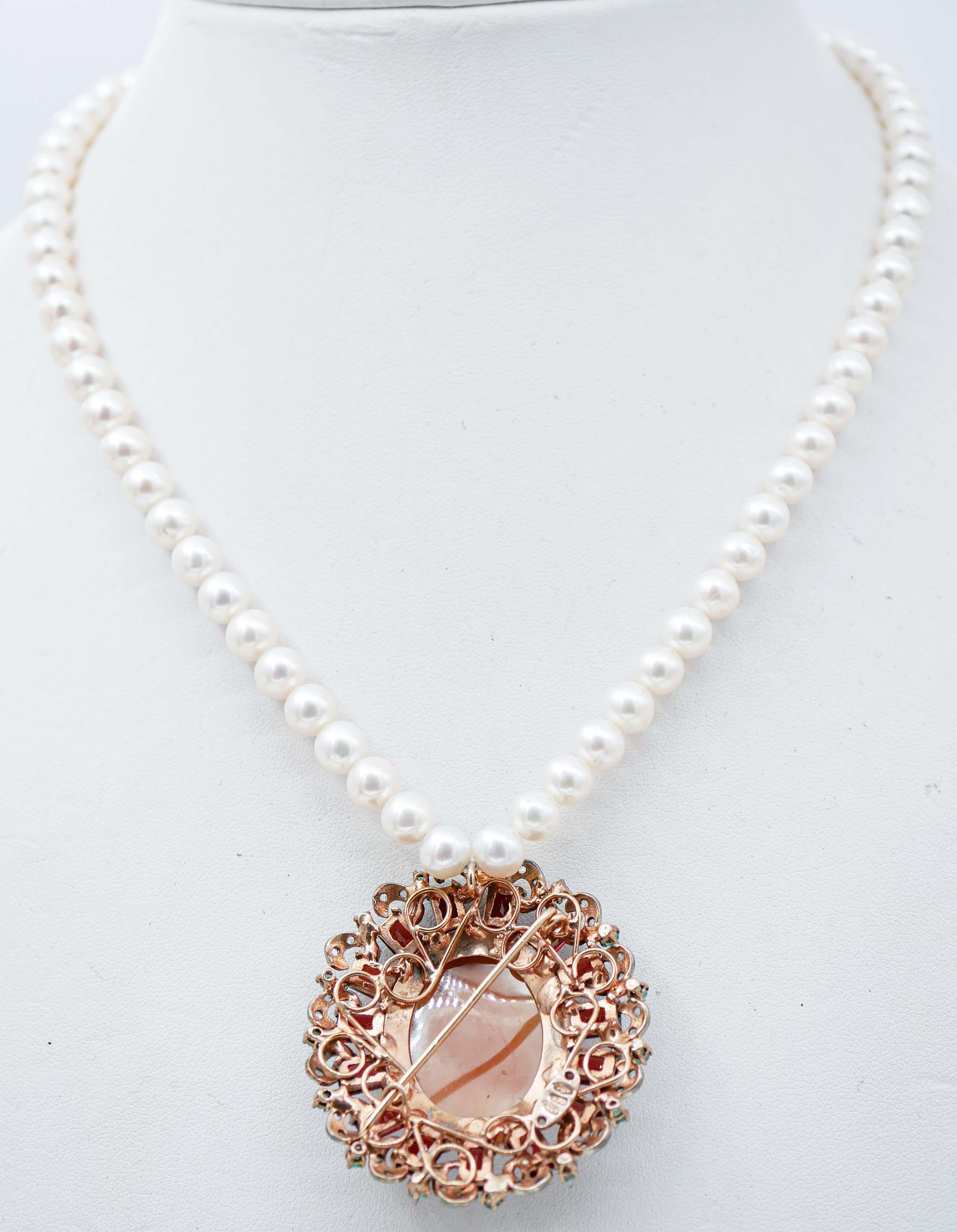 Mixed Cut Cameo, Garnets, Emeralds, Diamonds, Pearls,  Gold and Silver Pendant Necklace For Sale