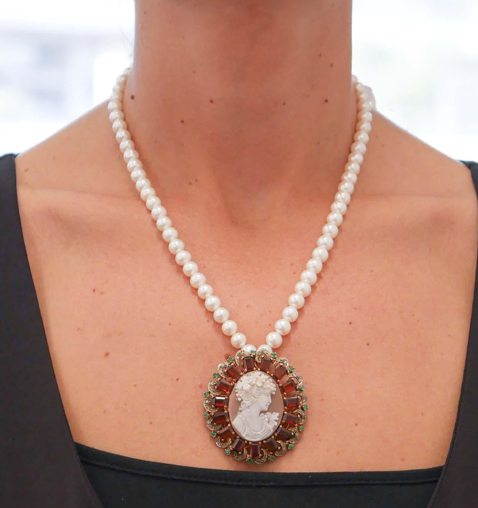Women's Cameo, Garnets, Emeralds, Diamonds, Pearls,  Gold and Silver Pendant Necklace For Sale