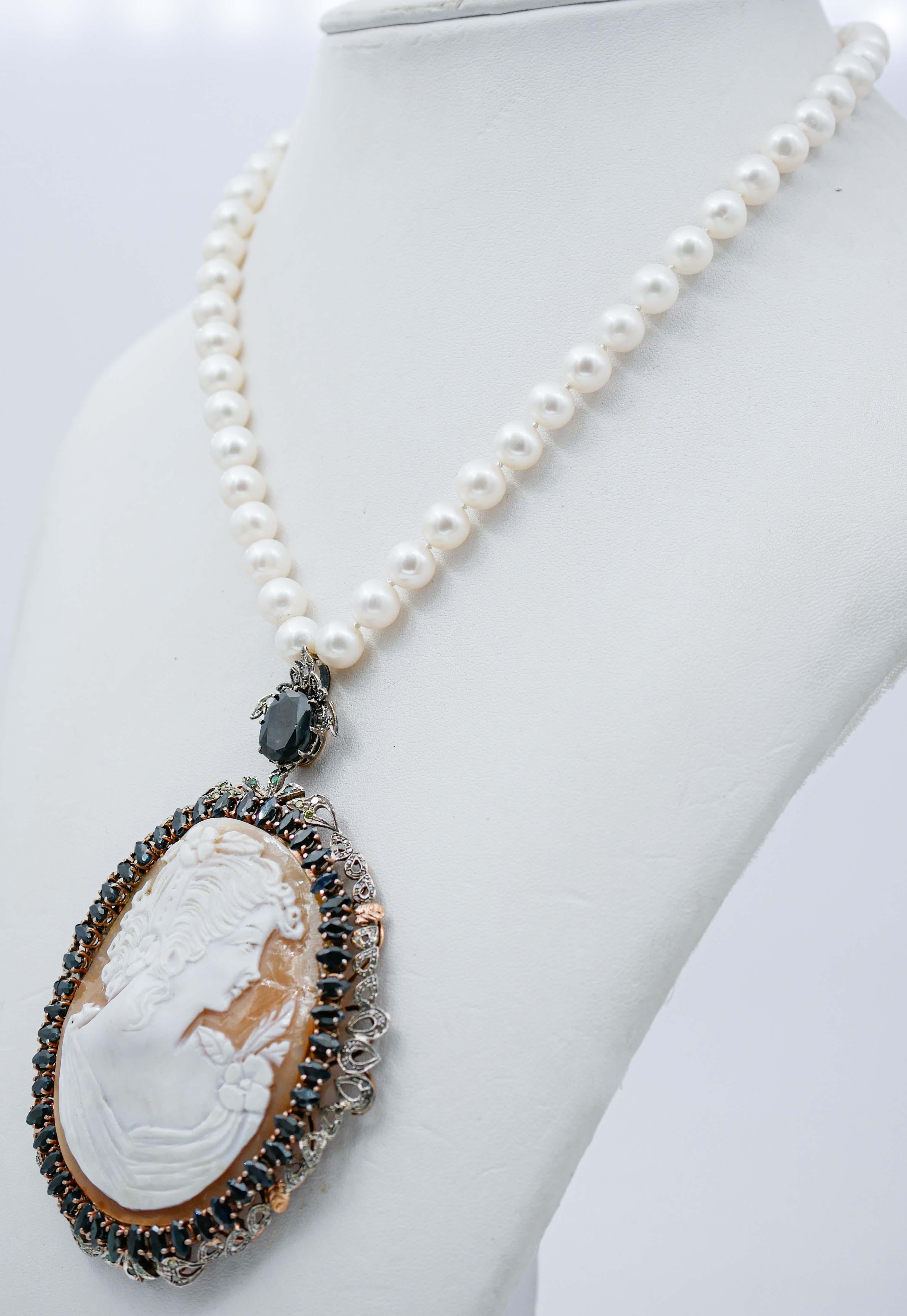 Retro Cameo, Sapphires, Emeralds, Diamonds, Pearls, Rose Gold and Silver Necklace For Sale