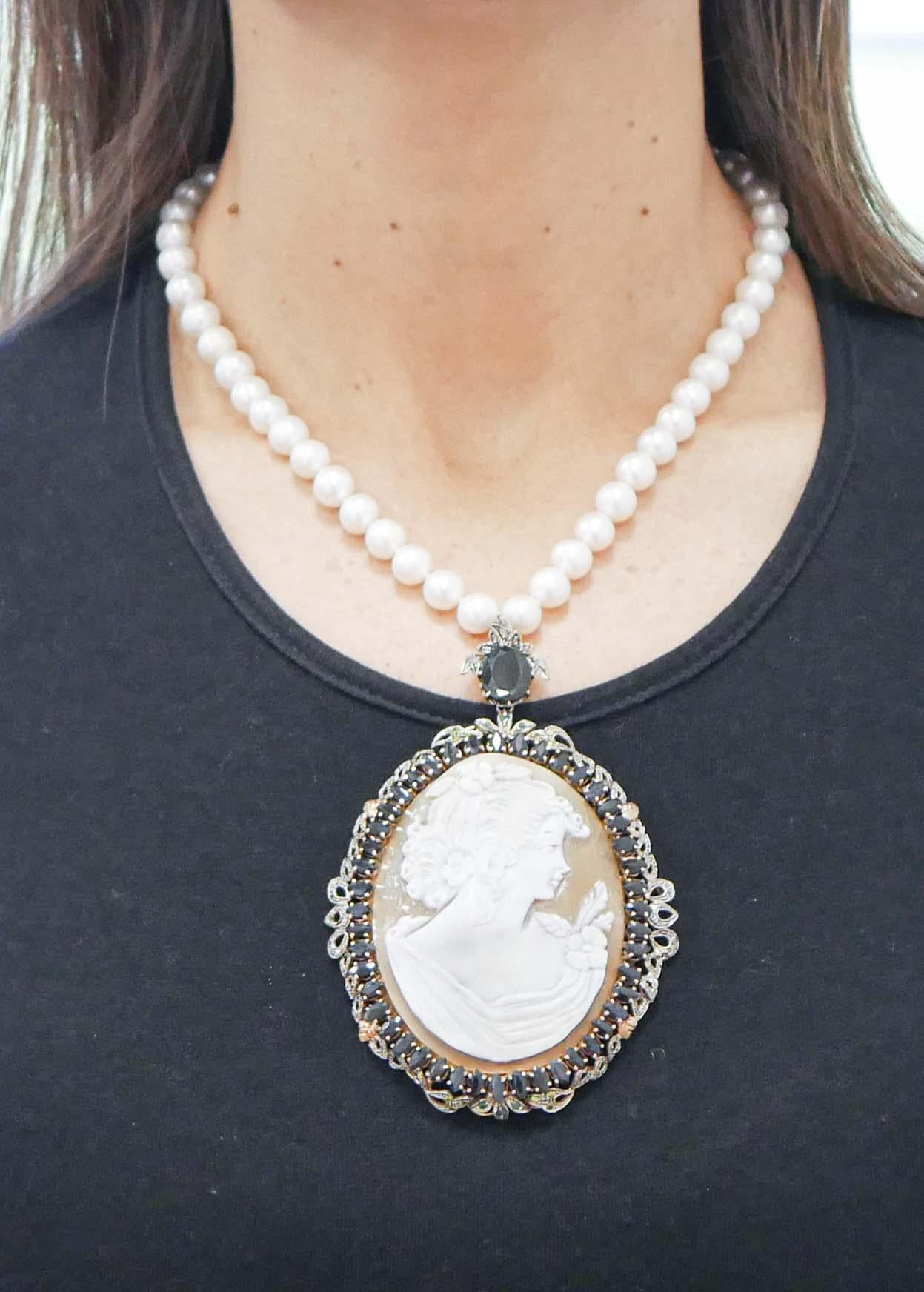 Women's Cameo, Sapphires, Emeralds, Diamonds, Pearls, Rose Gold and Silver Necklace For Sale