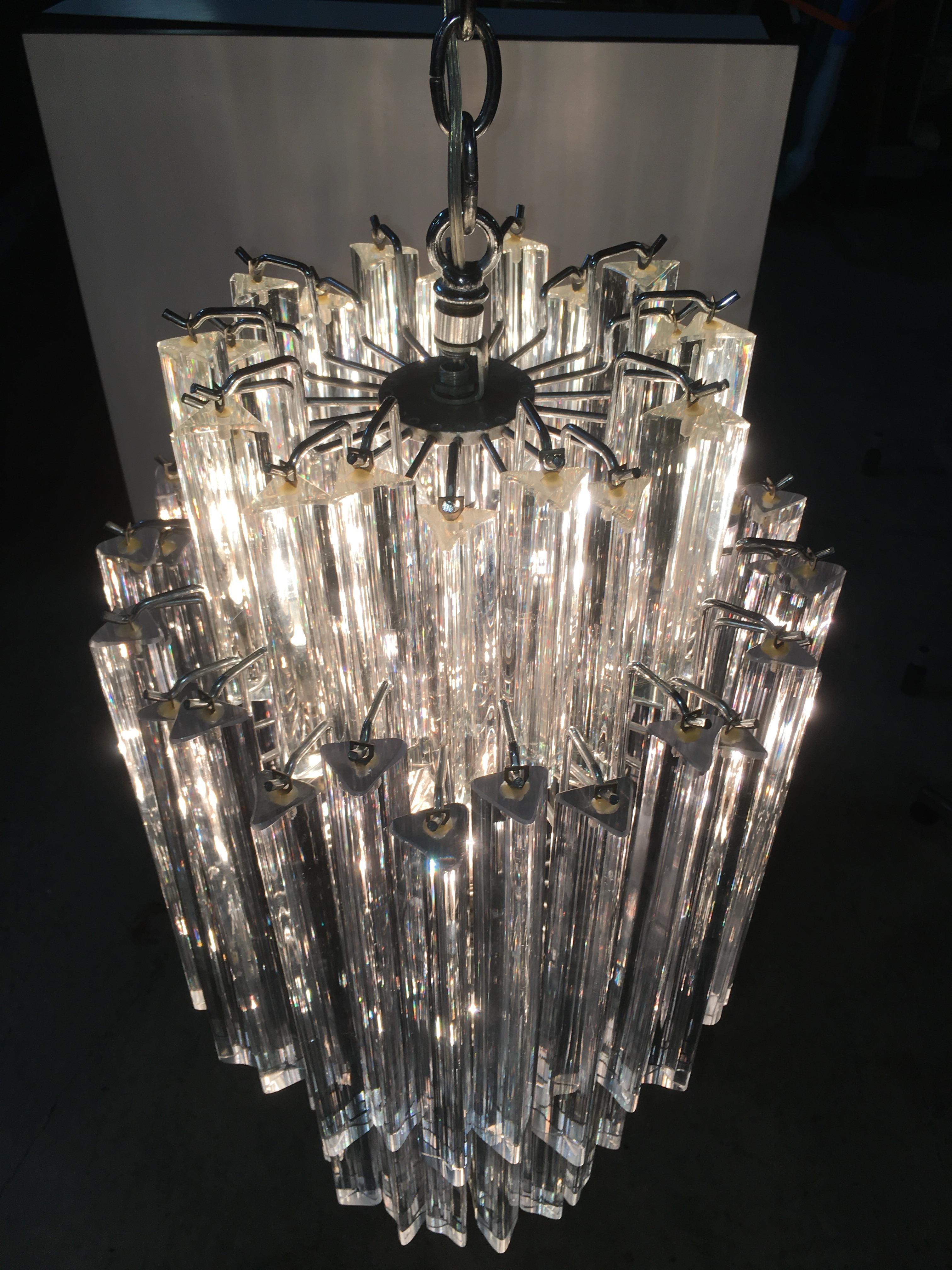 Crystal Camer Four-Tier Triedri Prism and Chrome Chandelier For Sale