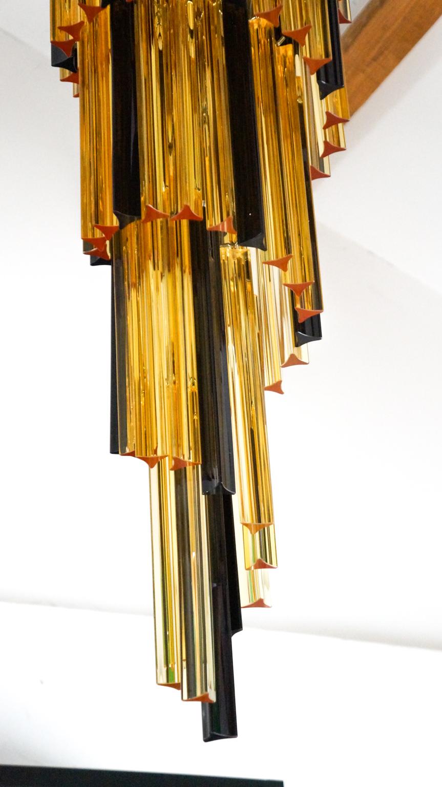 Hand-Crafted Camer Glass Mid-Century Modern Amber Black Triedri Murano Chandelier, 1980 For Sale