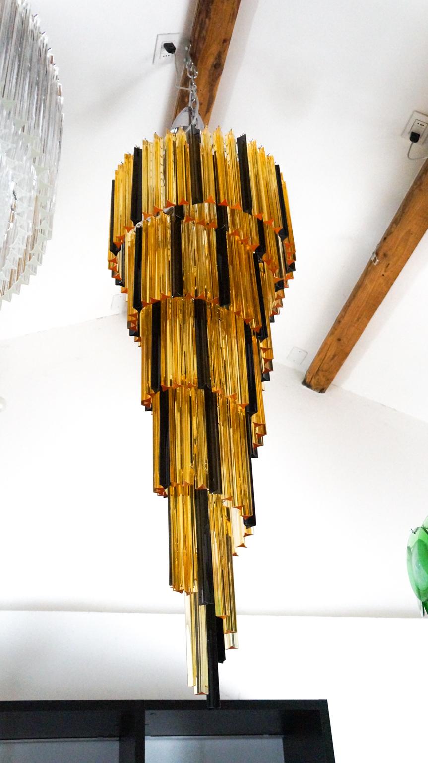 Art Glass Camer Glass Mid-Century Modern Amber Black Triedri Murano Chandelier, 1980 For Sale