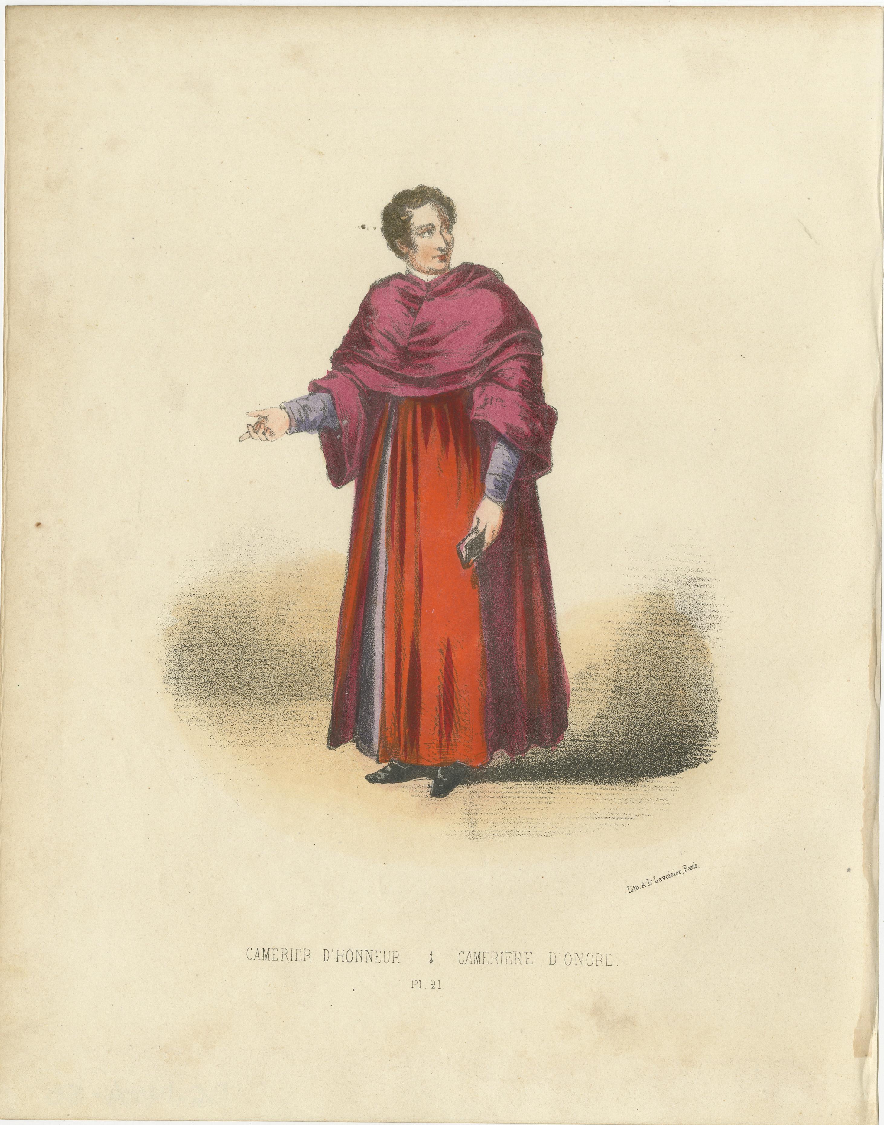 Cameriere d'Onore: Handkolorierter Druck des Vatikanischen Ehrenkämmerers, Tafel 21, 1862  
 
Diese hervorragende handkolorierte Lithographie, Cameriere d'Onore (Ehren-Kämmerer), ist Tafel 21 aus der zweiten Ausgabe von Album ou Collection Complète,