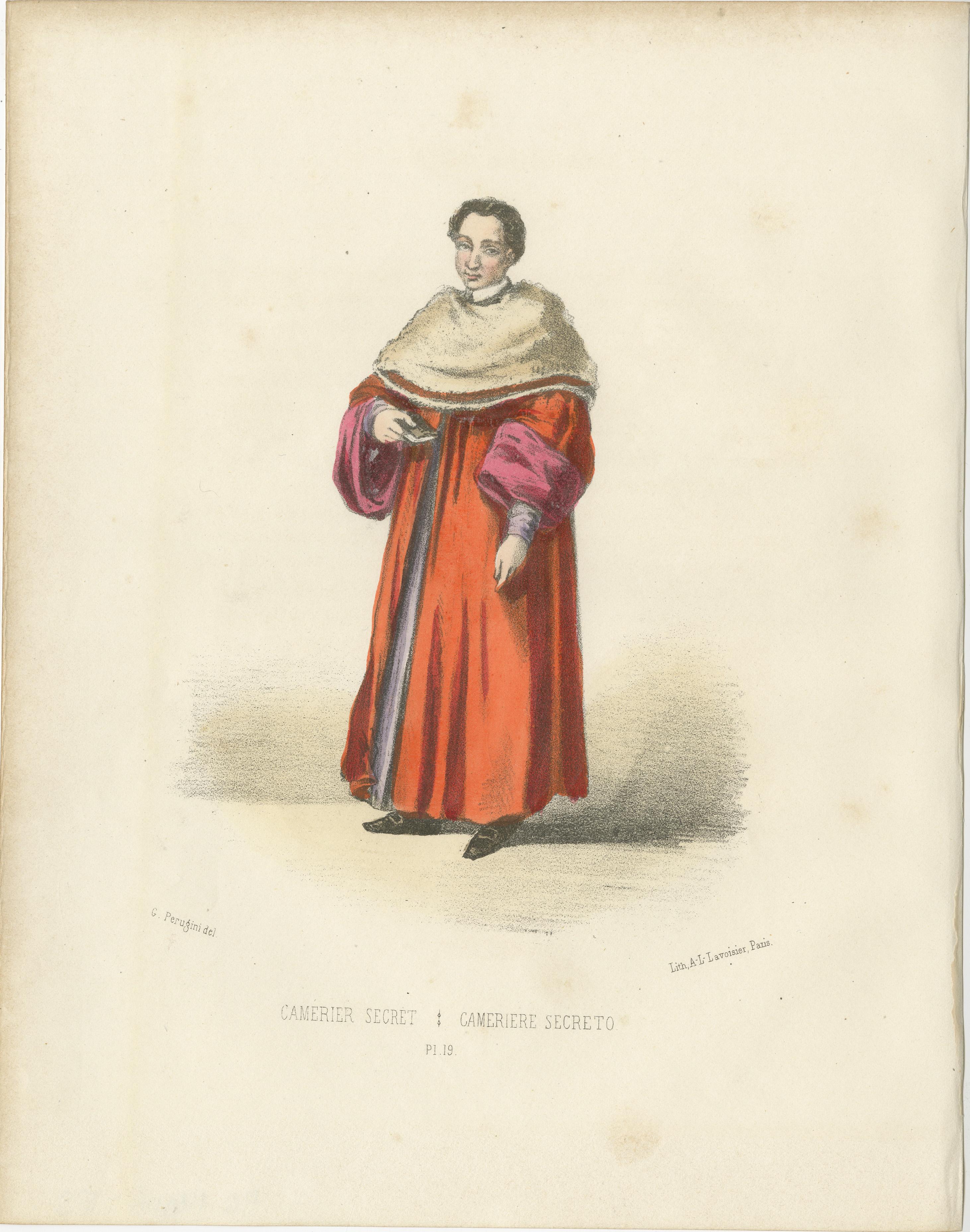 Cameriere Segreto: Handcolored Lithograph of the Secret Chamberlain, Plate 19, 1862  

This elegant handcolored lithograph, Cameriere Segreto (Secret Chamberlain), is Plate 19 from the 1862 second edition of Album ou Collection Complète, et