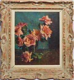 Antique American 1933 Modernist Rose Still Life Oil Painting by Cameron Burnside