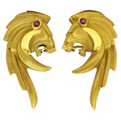 Cameron Designs Modernist Ruby 18 Karat Yellow Gold Geometric Lion Earrings