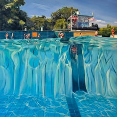 Großes figuratives Gemälde mit Schwimmbad 150 x 150 cm von Cameron Rudd