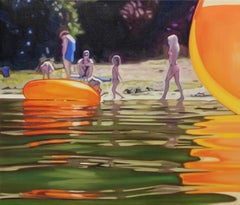 Figurative painting with two girls at lake shore with orange floaties 60 x 70 cm